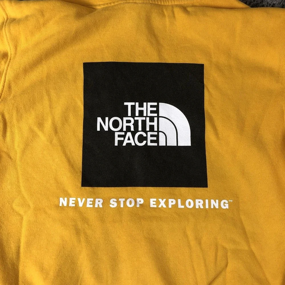 The North Face Hoodie Mens Large Yellow Graphic Fleece Pullover Back Logo